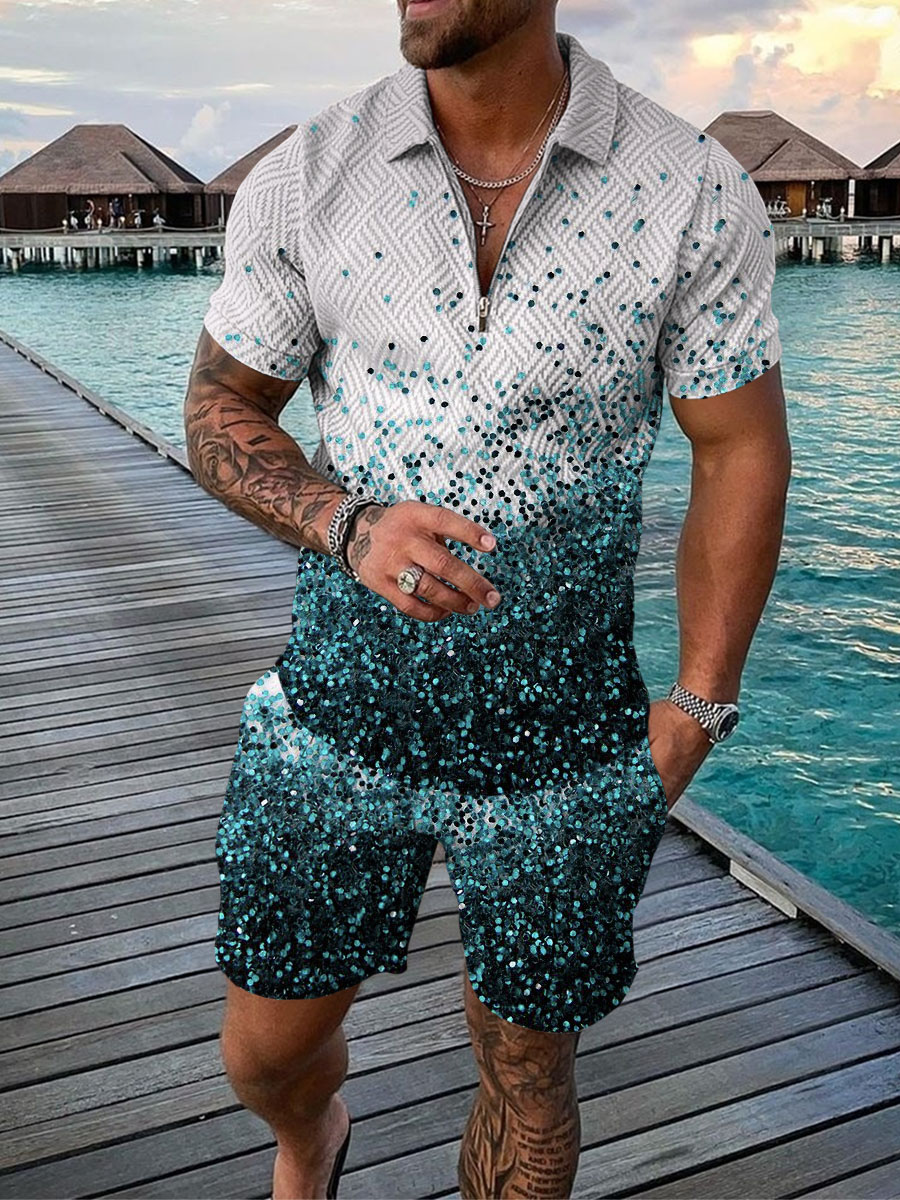 Men's Summer Fashion 3D Printed Short Sleeve Geometric Zip Lapel Shirt Set