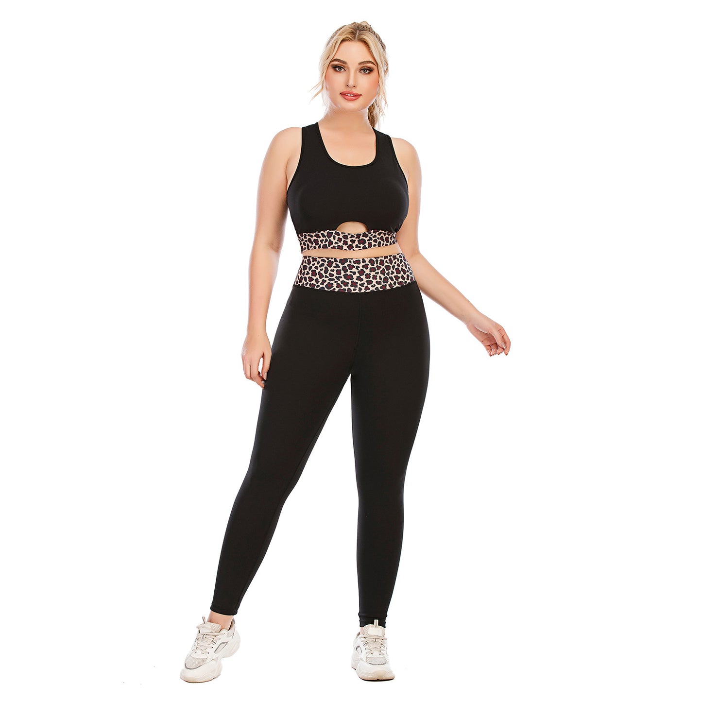 Women's Plus Size Yoga Sports Set With Matching Leopard Pattern Sports Top