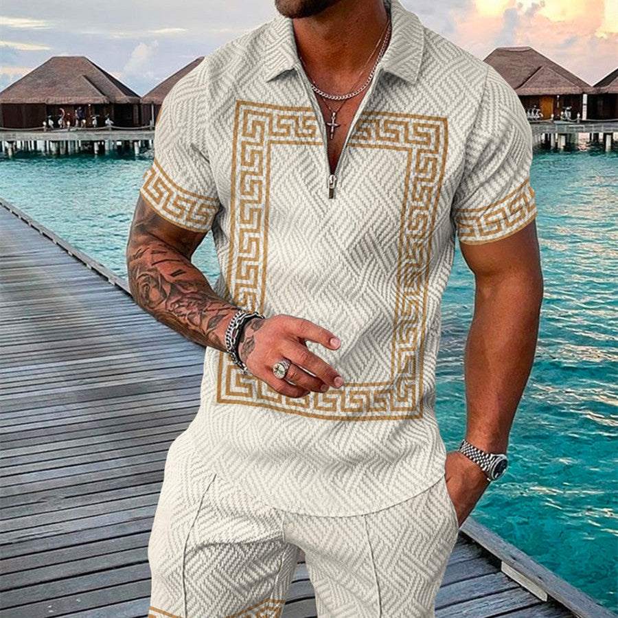 Men's Summer Fashion 3D Printed Short Sleeve Geometric Zip Lapel Shirt Set