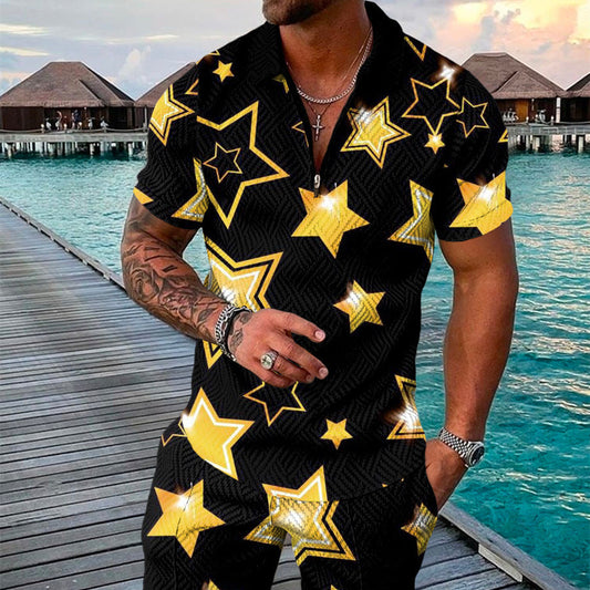 Men's Summer Fashion 3D Printed Short Sleeve Geometric Zip Lapel Shirt Set