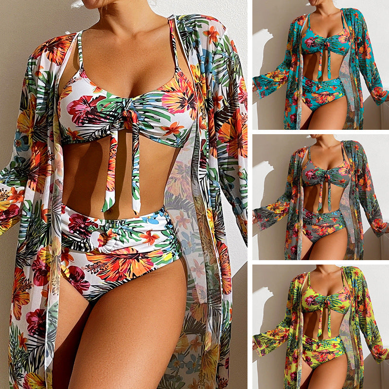 Women's 3pack Floral Print Knot Front Bikini Swimsuit & Kimono