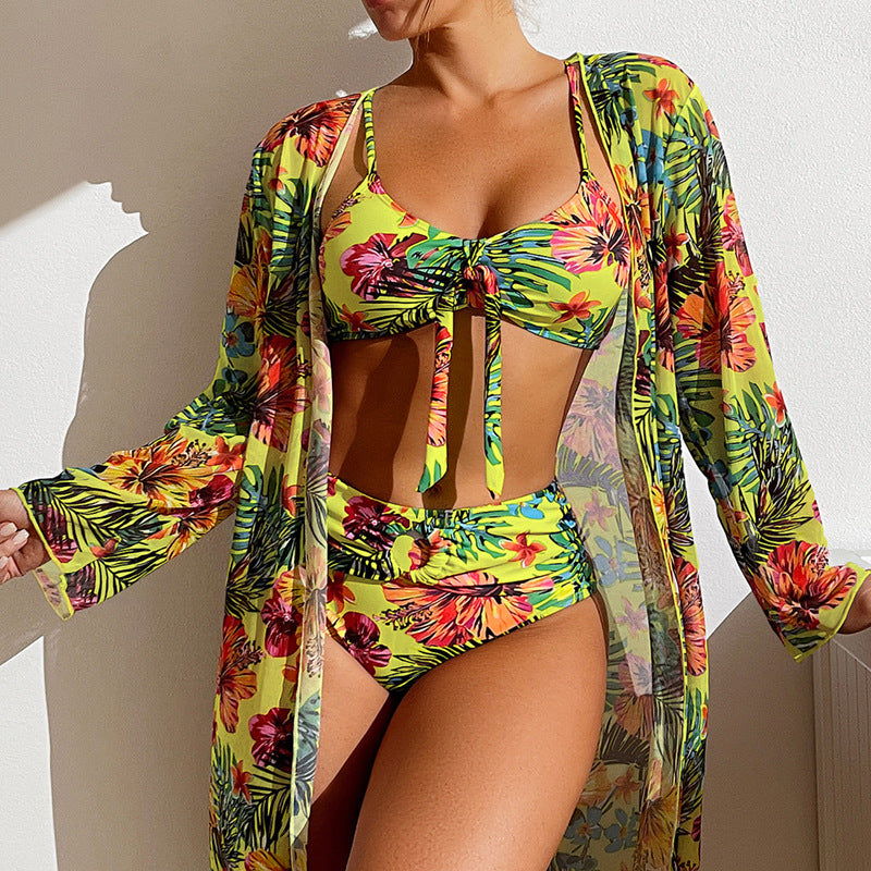 Women's 3pack Floral Print Knot Front Bikini Swimsuit & Kimono