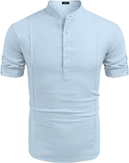 Men's Henley Style Linen Short Sleeve Summer Beach Shirt