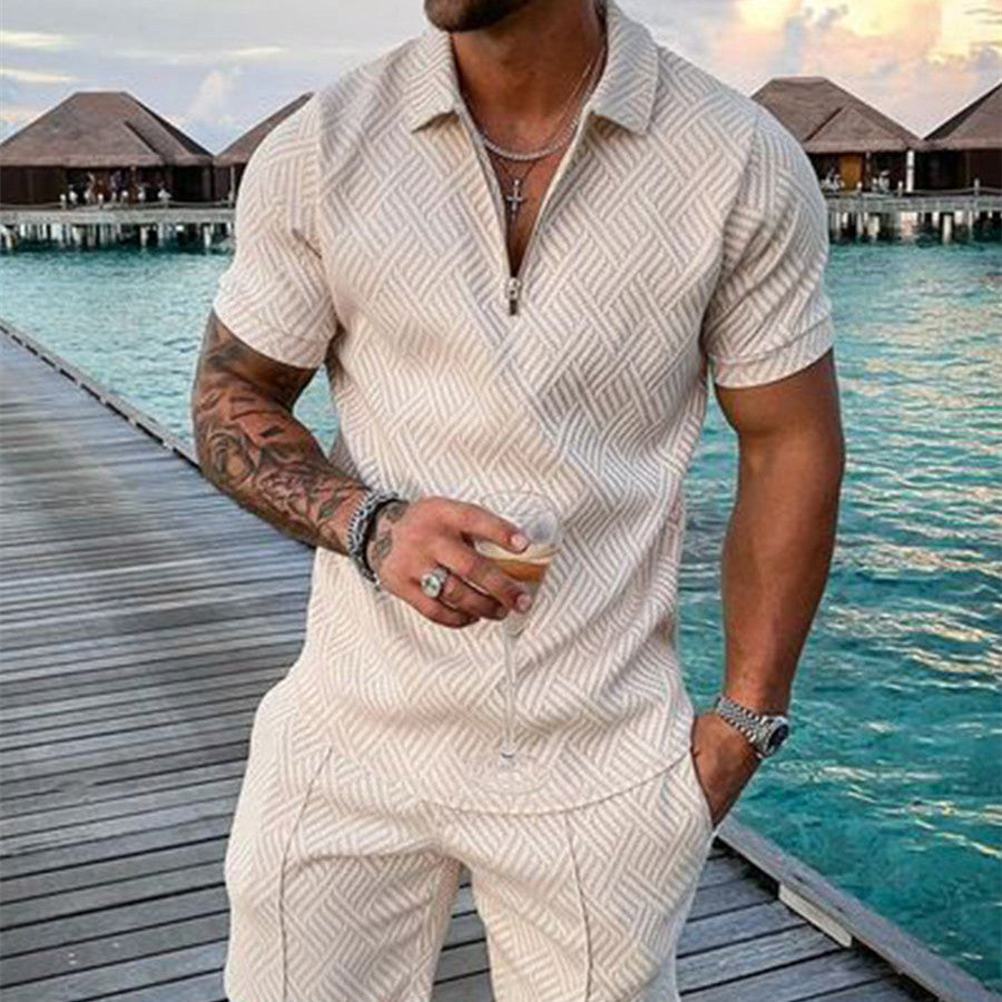 Men's Summer Fashion 3D Printed Short Sleeve Geometric Zip Lapel Shirt Set