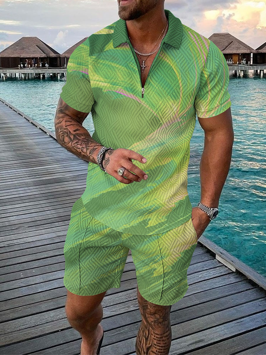 Men's Summer Fashion 3D Printed Short Sleeve Geometric Zip Lapel Shirt Set