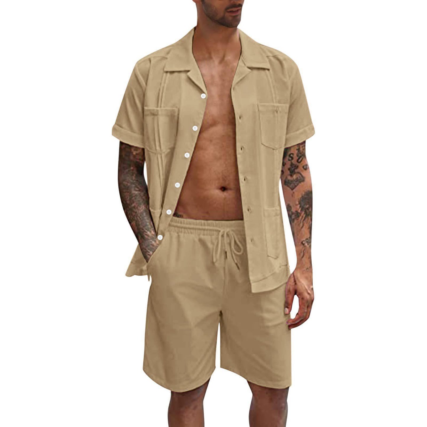 Men's Summer Sports Short Sleeve Shorts Set Linen Loose Casual Shirt Set Summer