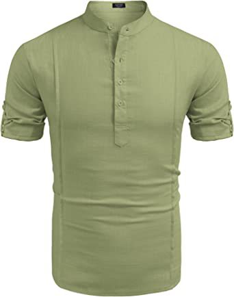 Men's Henley Style Linen Short Sleeve Summer Beach Shirt