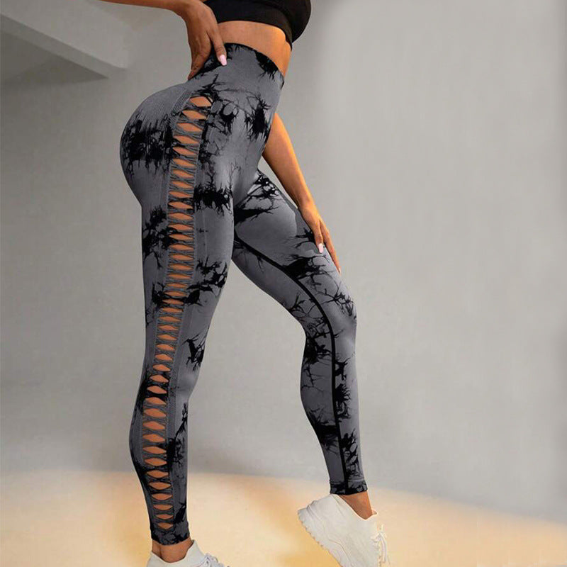 Hollow Tie Dye Printed Yoga Pants High Waist Butt Lift Seamless Sports Gym Fitness Leggings Slim Pants For Women Tight Trousers