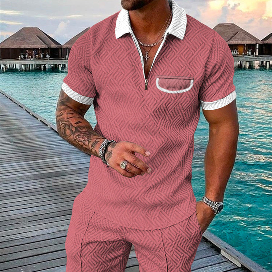 Men's Summer Fashion 3D Printed Short Sleeve Geometric Zip Lapel Shirt Set