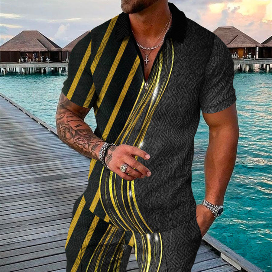 Men's Summer Fashion 3D Printed Short Sleeve Geometric Zip Lapel Shirt Set