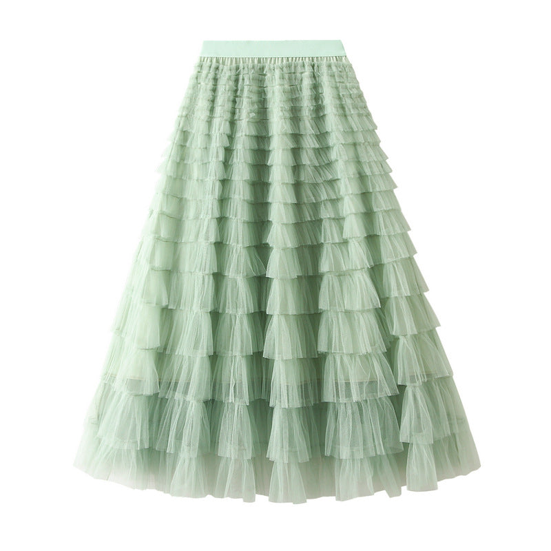 A-Line Mesh Ruffle Skirt Women's Temperament Sweet Long Skirt Slim Cupcake Dress Womens Clothing