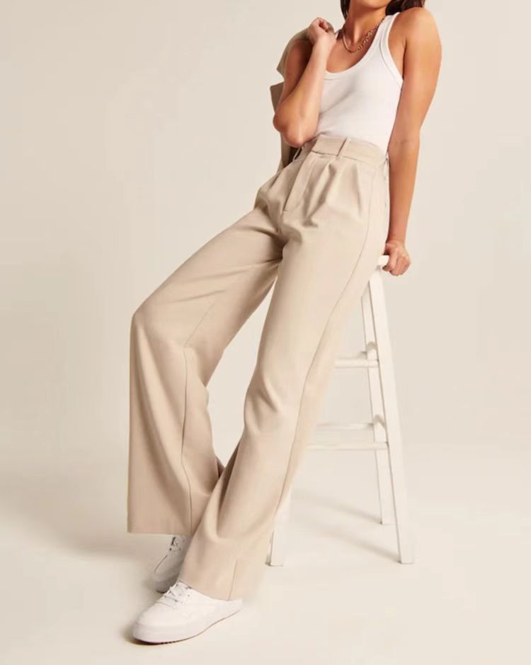 High Waist Straight Trousers With Pockets Wide Leg Casual Suit Pants For Women