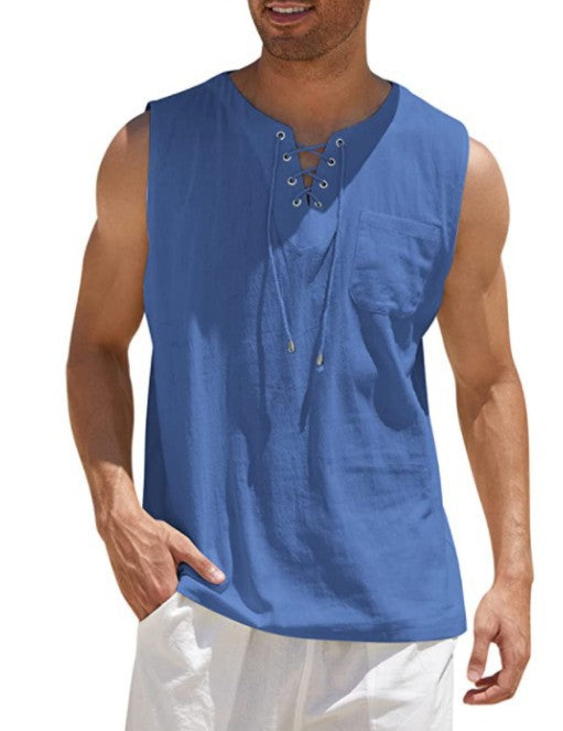 Men's Summer Tank Vest Shirt Collar Tie Short Sleeve T-Shirt