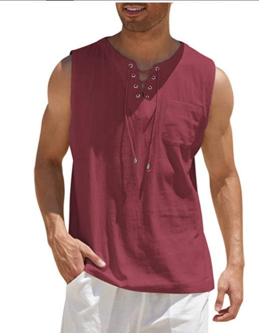 Men's Summer Tank Vest Shirt Collar Tie Short Sleeve T-Shirt