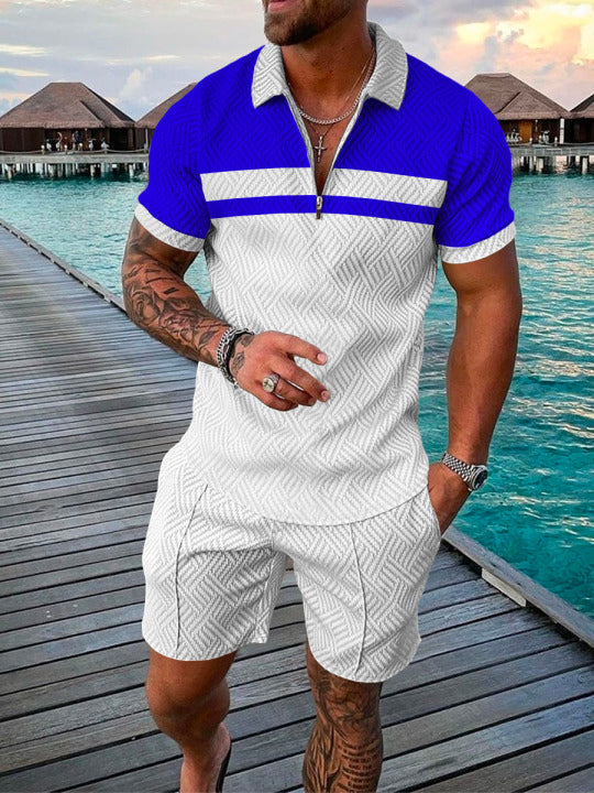 Men's Summer Fashion 3D Printed Short Sleeve Geometric Zip Lapel Shirt Set