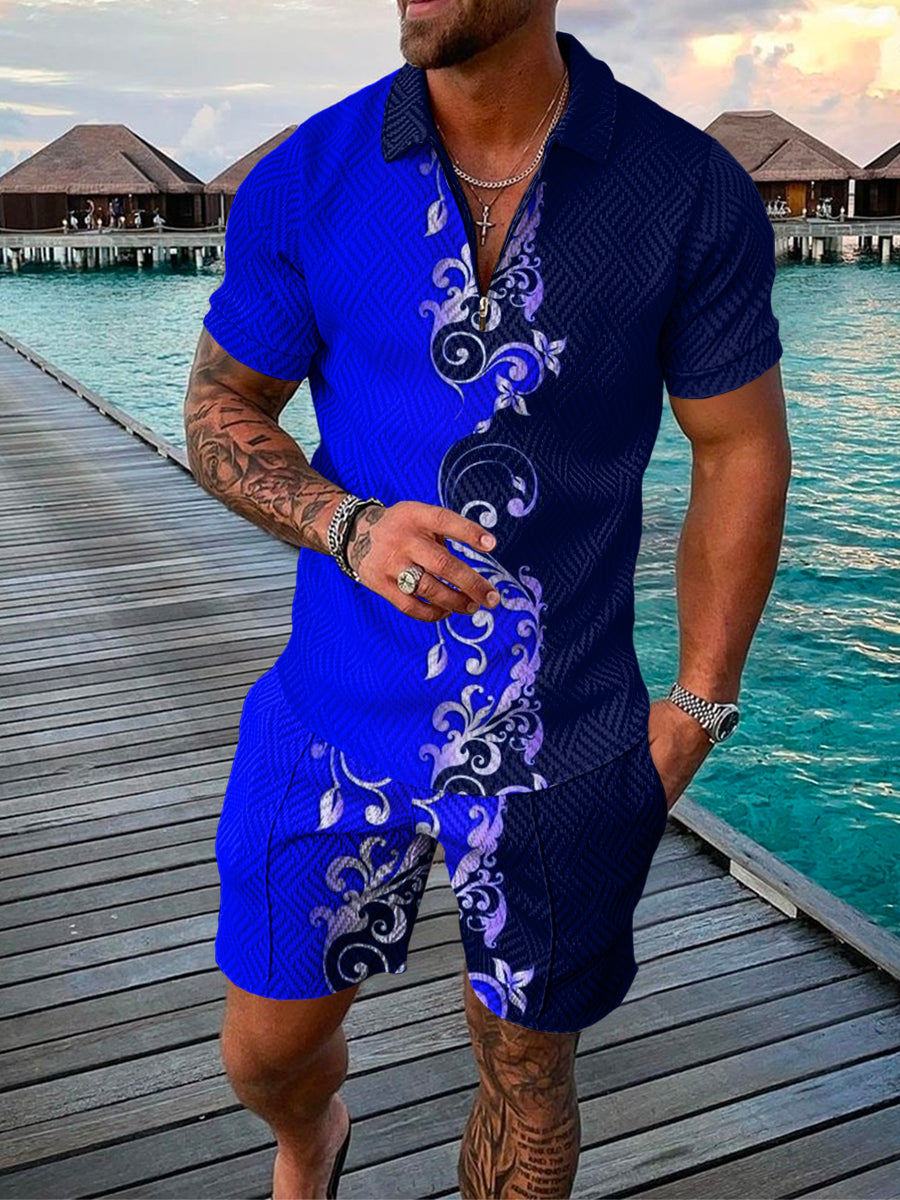 Men's Summer Fashion 3D Printed Short Sleeve Geometric Zip Lapel Shirt Set