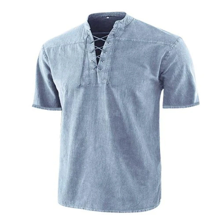 Men's Retro Shirt Tie Collar Short-sleeved Shirt Summer