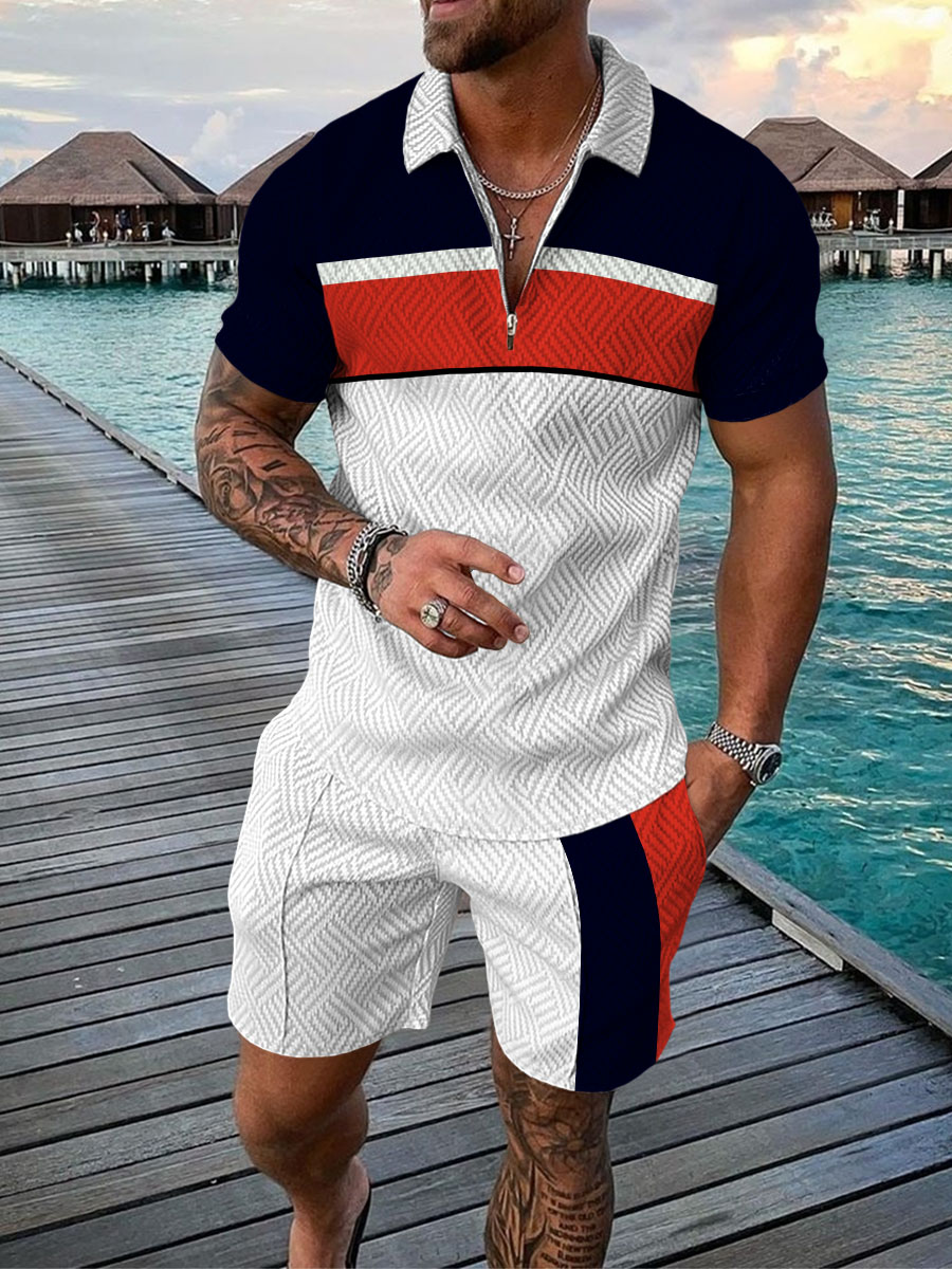 Men's Summer Fashion 3D Printed Short Sleeve Geometric Zip Lapel Shirt Set