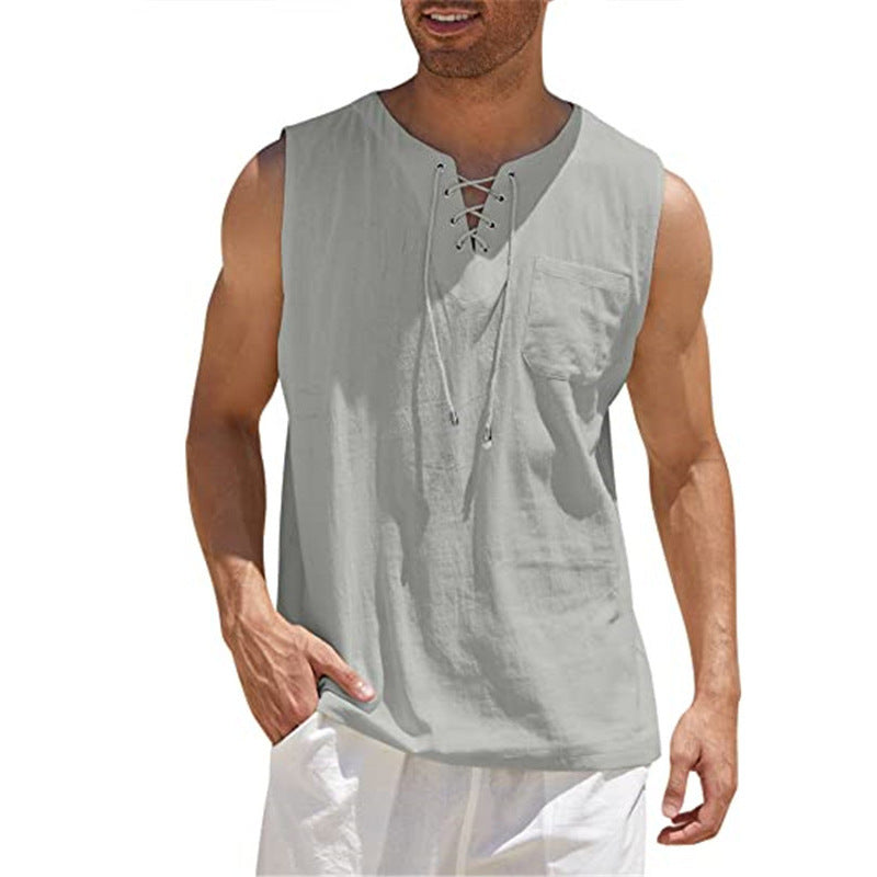 Men's Summer Tank Vest Shirt Collar Tie Short Sleeve T-Shirt