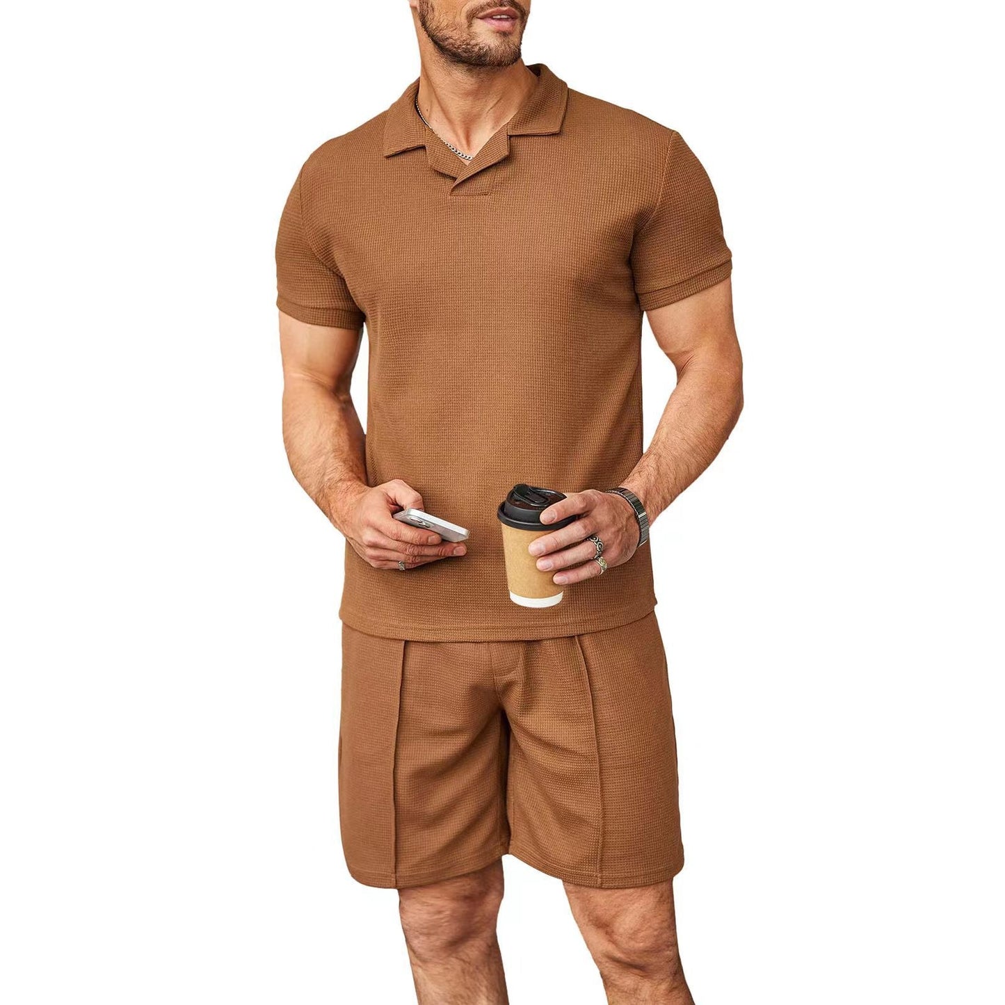 Men's 2pcs Set Polo Short Sleeve Shirt and Shorts Waffle Style