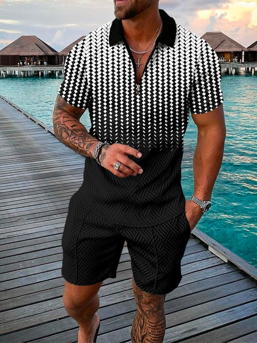 Men's Summer Fashion 3D Printed Short Sleeve Geometric Zip Lapel Shirt Set