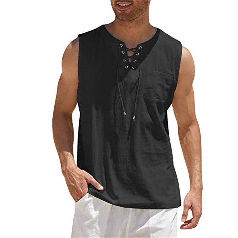 Men's Summer Tank Vest Shirt Collar Tie Short Sleeve T-Shirt