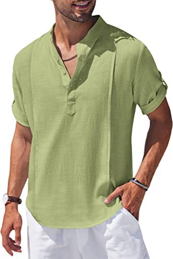 Men's Henley Style Linen Short Sleeve Summer Beach Shirt