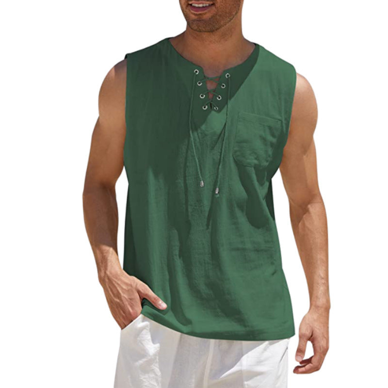 Men's Summer Tank Vest Shirt Collar Tie Short Sleeve T-Shirt