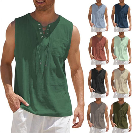 Men's Summer Tank Vest Shirt Collar Tie Short Sleeve T-Shirt