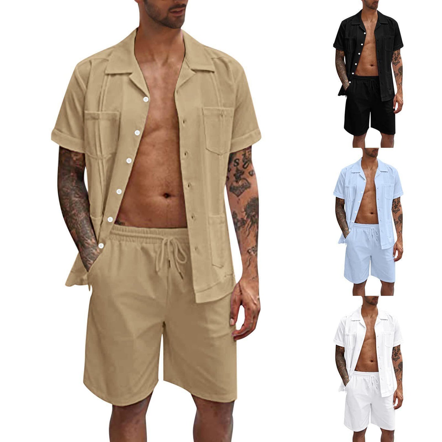 Men's Summer Sports Short Sleeve Shorts Set Linen Loose Casual Shirt Set Summer