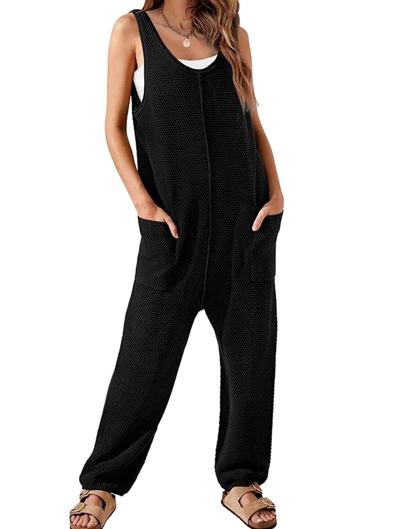 Women's Waffle Jumpsuit Casual Loose Sleeveless V Neck Jumpsuit Double Pocket Cargo Pants