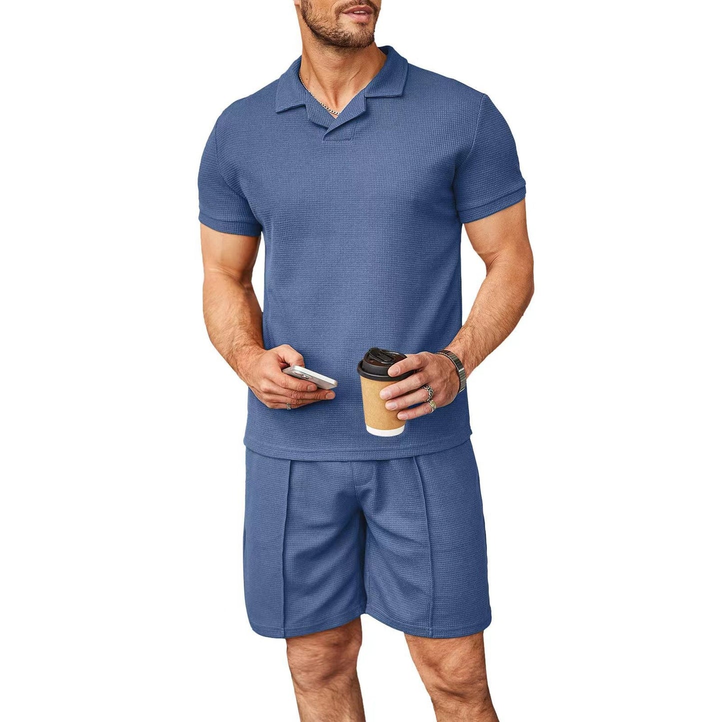 Men's 2pcs Set Polo Short Sleeve Shirt and Shorts Waffle Style