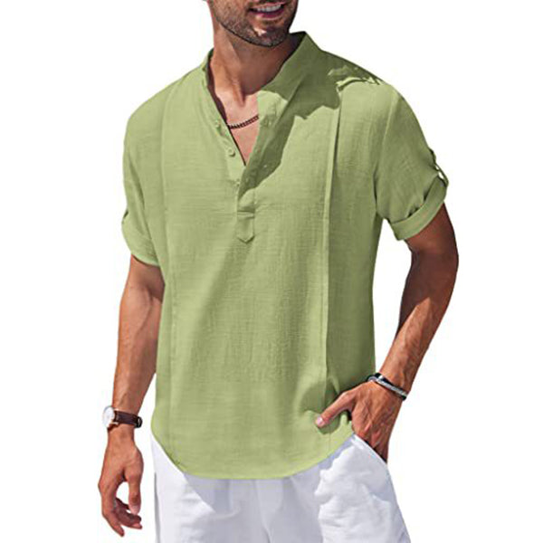 Men's Henley Style Linen Short Sleeve Summer Beach Shirt