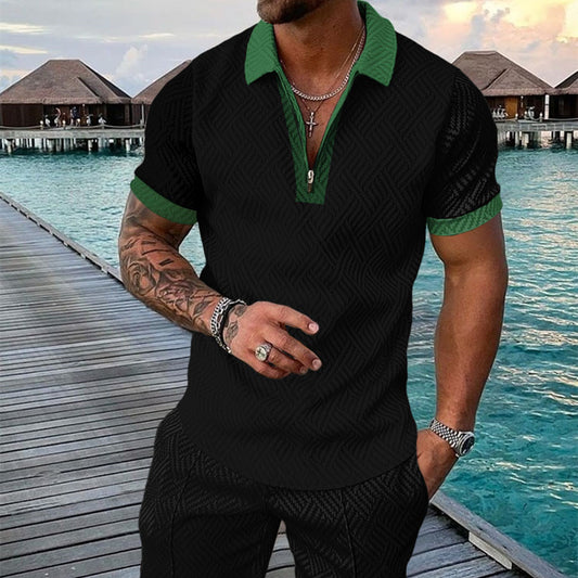 Men's Summer Fashion 3D Printed Short Sleeve Geometric Zip Lapel Shirt Set