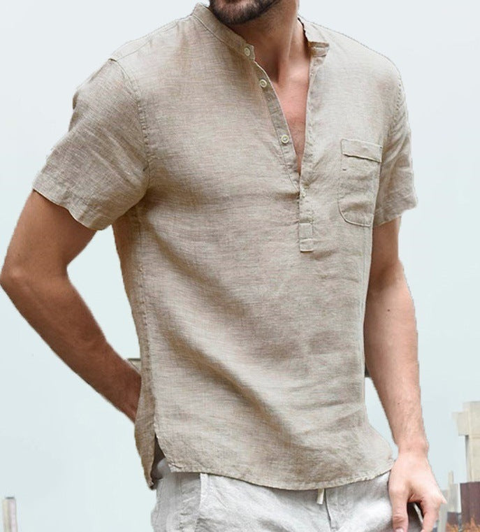 Men's Casual Linen Solid Color Shirt Button V Neck Beach Shirt Summer Tops