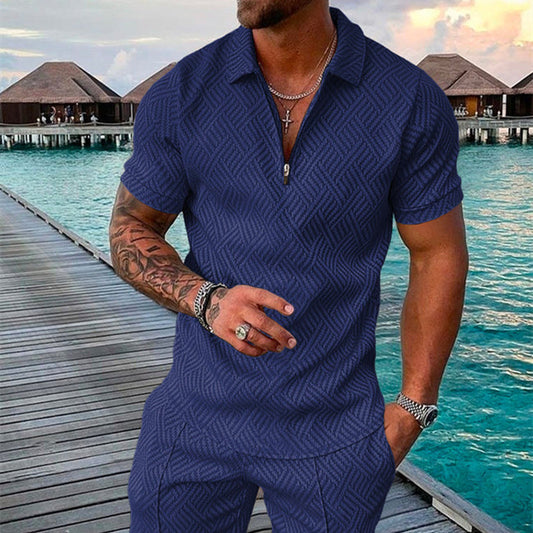 Men's Summer Fashion 3D Printed Short Sleeve Geometric Zip Lapel Shirt Set