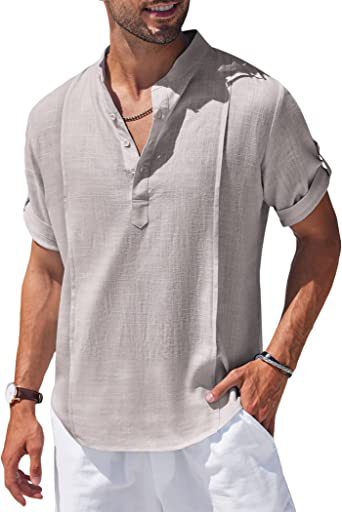 Men's Henley Style Linen Short Sleeve Summer Beach Shirt