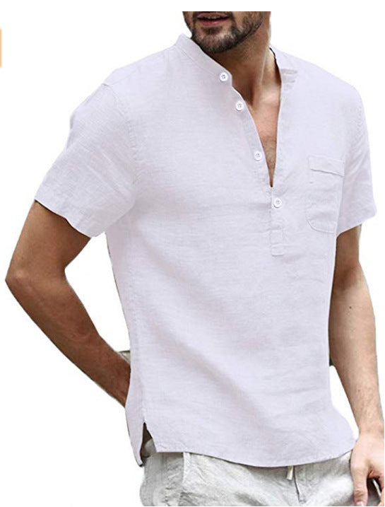 Men's Casual Linen Solid Color Shirt Button V Neck Beach Shirt Summer Tops