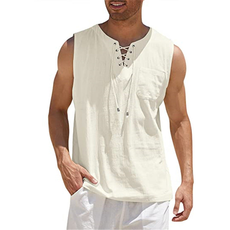 Men's Summer Tank Vest Shirt Collar Tie Short Sleeve T-Shirt