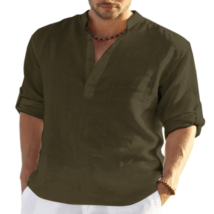 Men's Casual Cotton Long Sleeve Shirt With Stand Collar