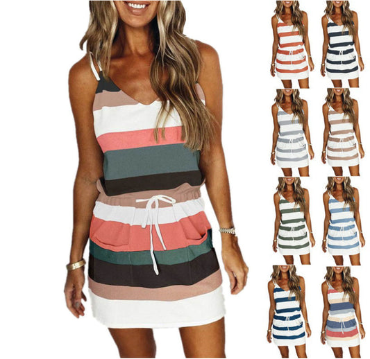 Women's Fashion Stripe Drawstring Dress Summer Dress Loose Sleeveless Dress Comfortable Casual Outfits Wear