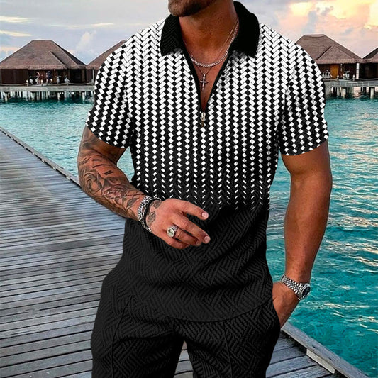 Men's Summer Fashion 3D Printed Short Sleeve Geometric Zip Lapel Shirt Set