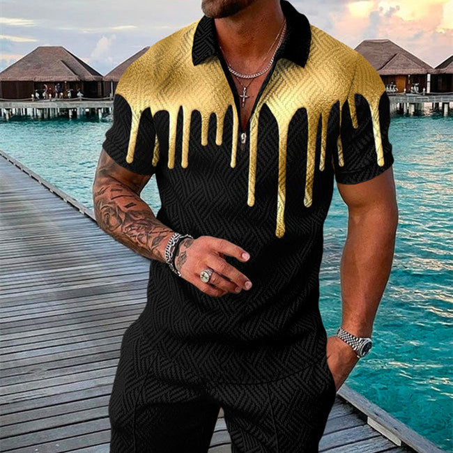 Men's Summer Fashion 3D Printed Short Sleeve Geometric Zip Lapel Shirt Set