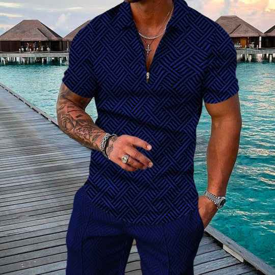 Men's Summer Fashion 3D Printed Short Sleeve Geometric Zip Lapel Shirt Set