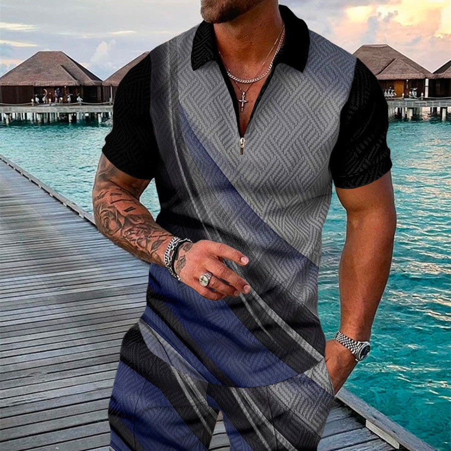 Men's Summer Fashion 3D Printed Short Sleeve Geometric Zip Lapel Shirt Set