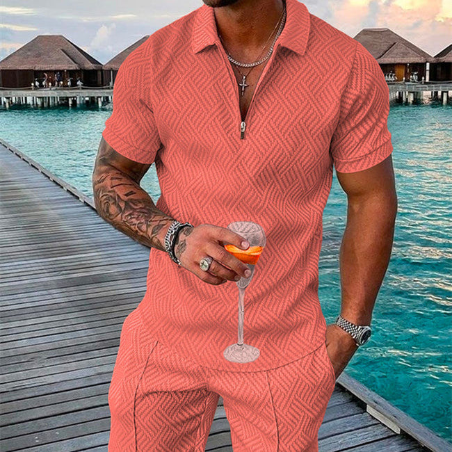 Men's Summer Fashion 3D Printed Short Sleeve Geometric Zip Lapel Shirt Set