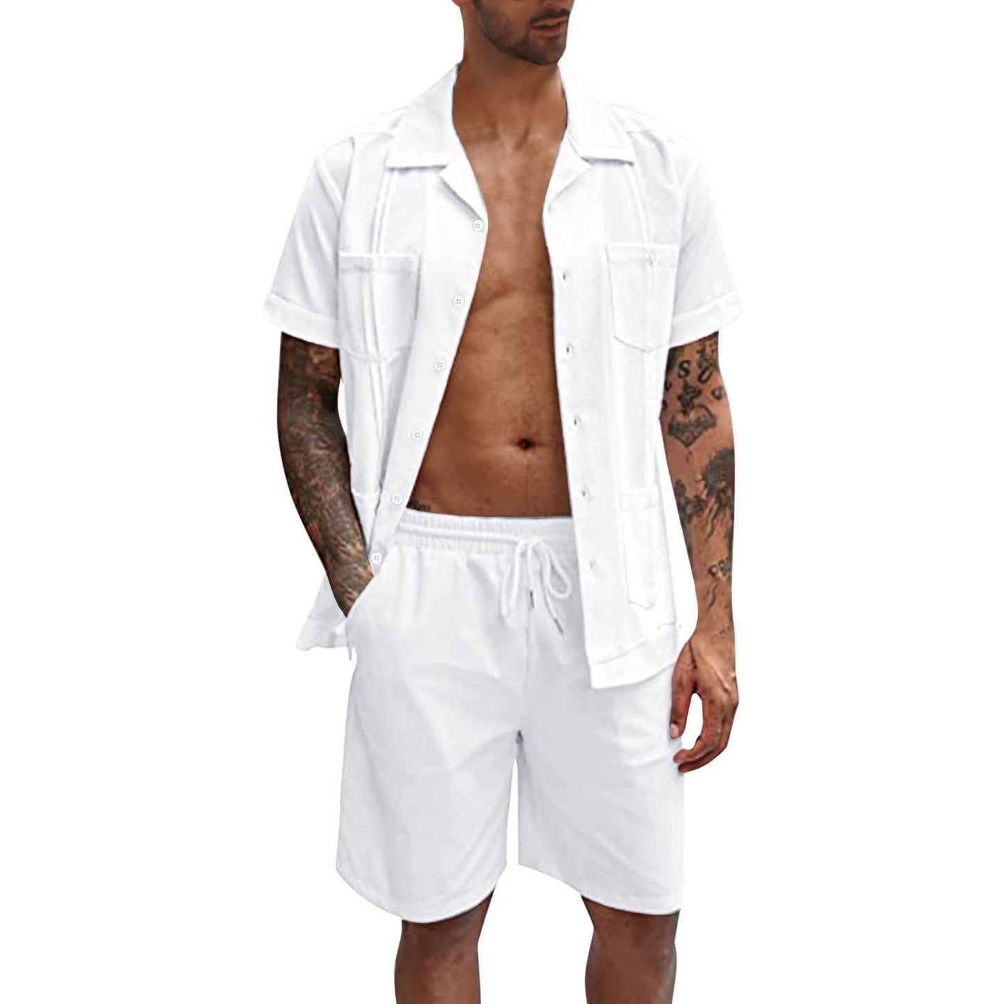 Men's Summer Sports Short Sleeve Shorts Set Linen Loose Casual Shirt Set Summer