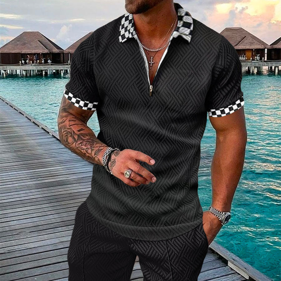 Men's Summer Fashion 3D Printed Short Sleeve Geometric Zip Lapel Shirt Set