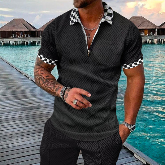 Men's Summer Fashion 3D Printed Short Sleeve Geometric Zip Lapel Shirt Set