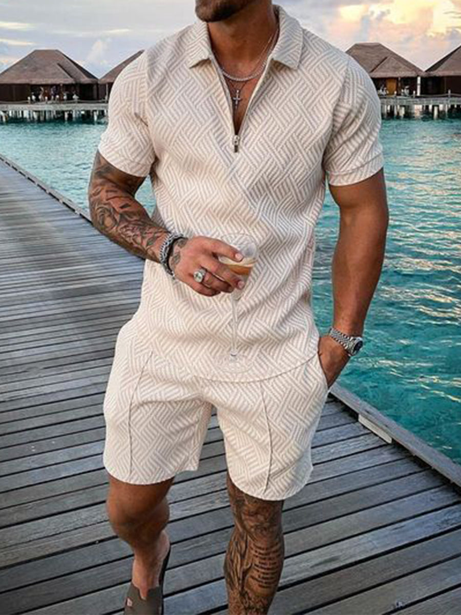 Men's Summer Fashion 3D Printed Short Sleeve Geometric Zip Lapel Shirt Set